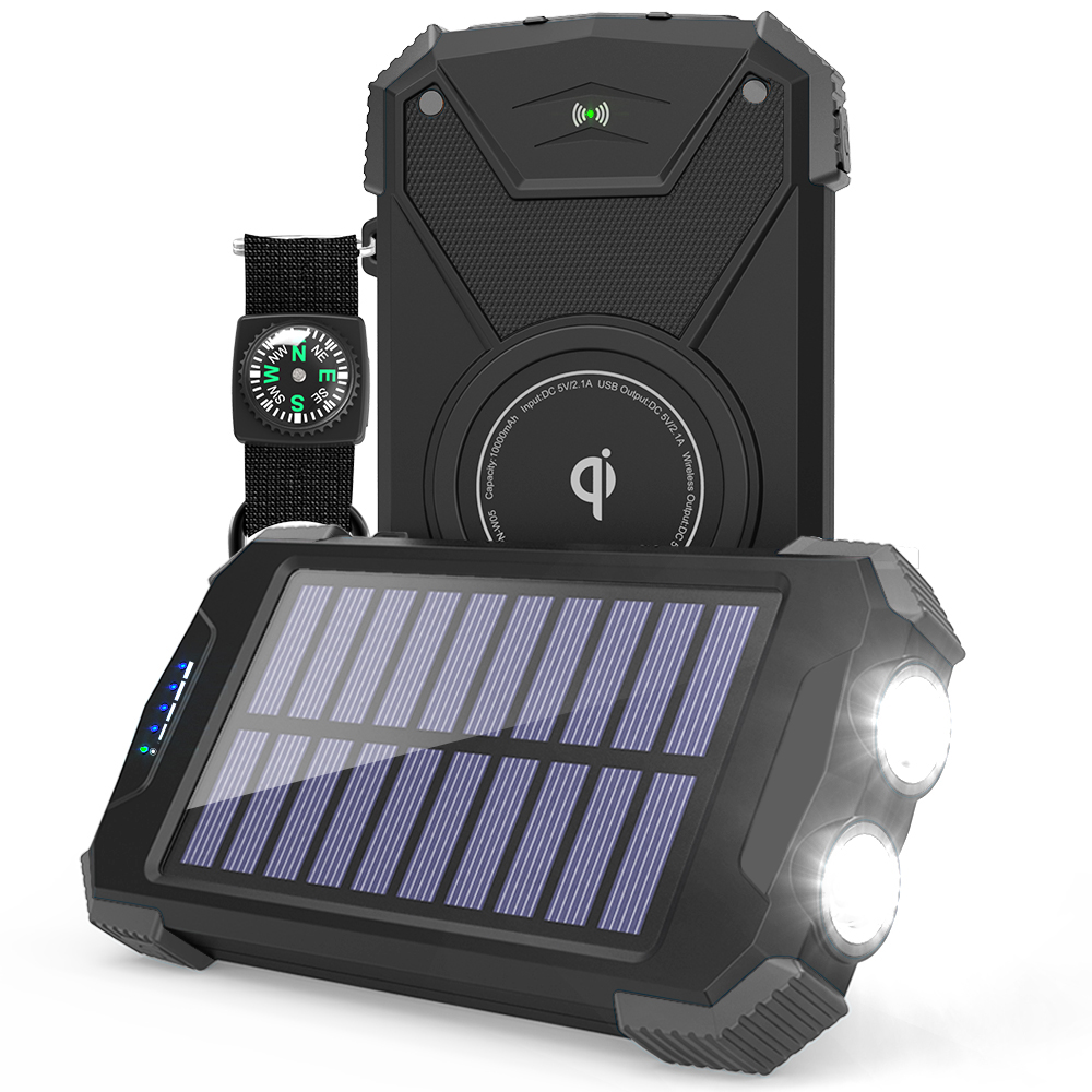 10000mAh Qi Wireless Charger Solar Power Bank with LED Flashlight 