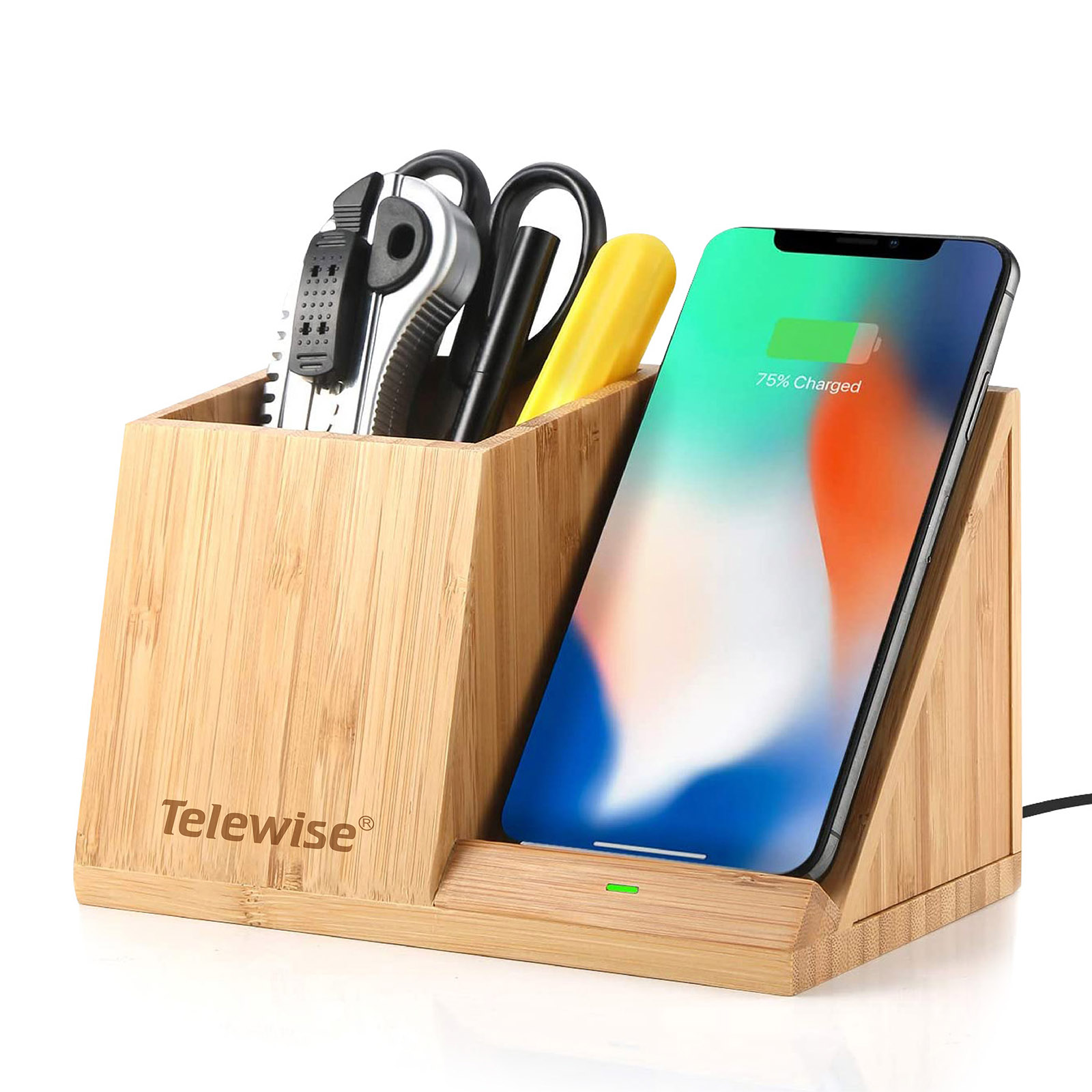 Bamboo Wireless Charger Phone Stand Brush Pot