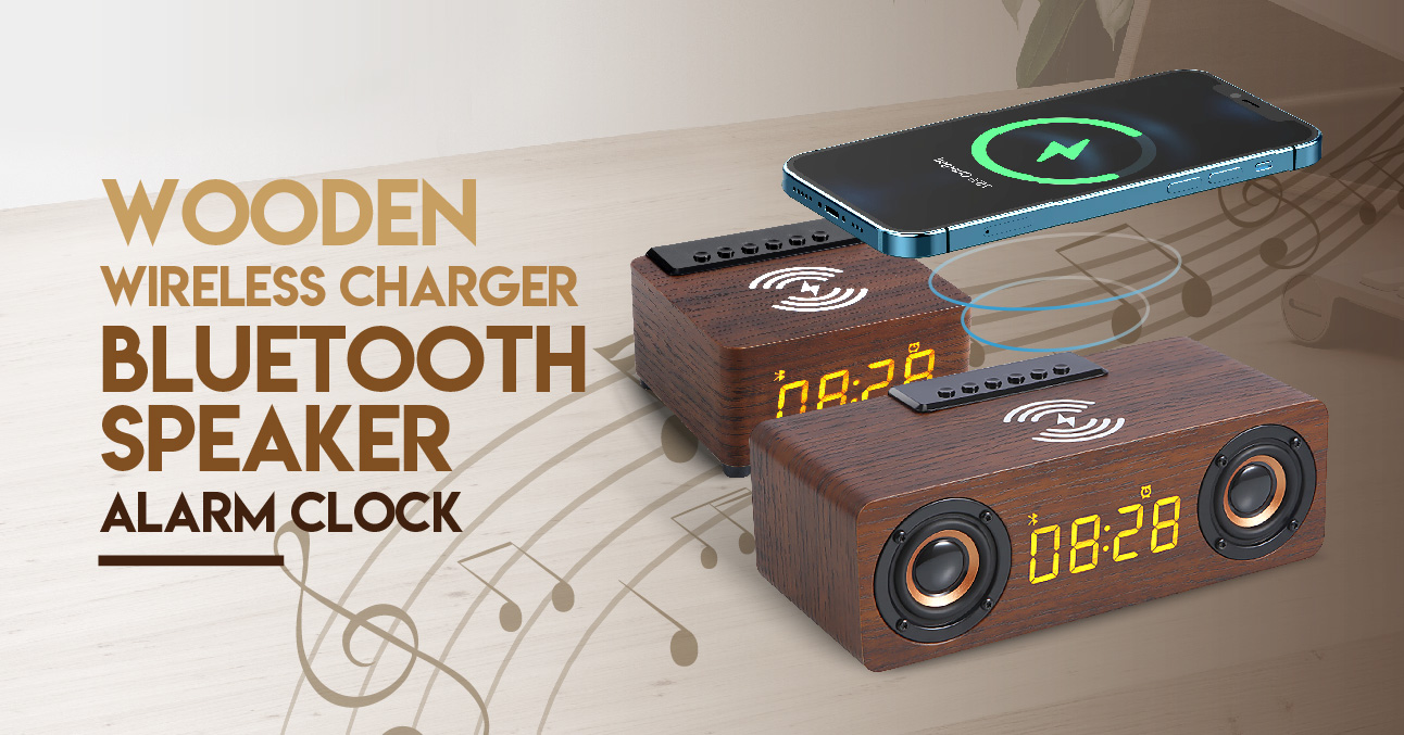 Wooden Wireless Charger Bluetooth Speaker Alarm Clock