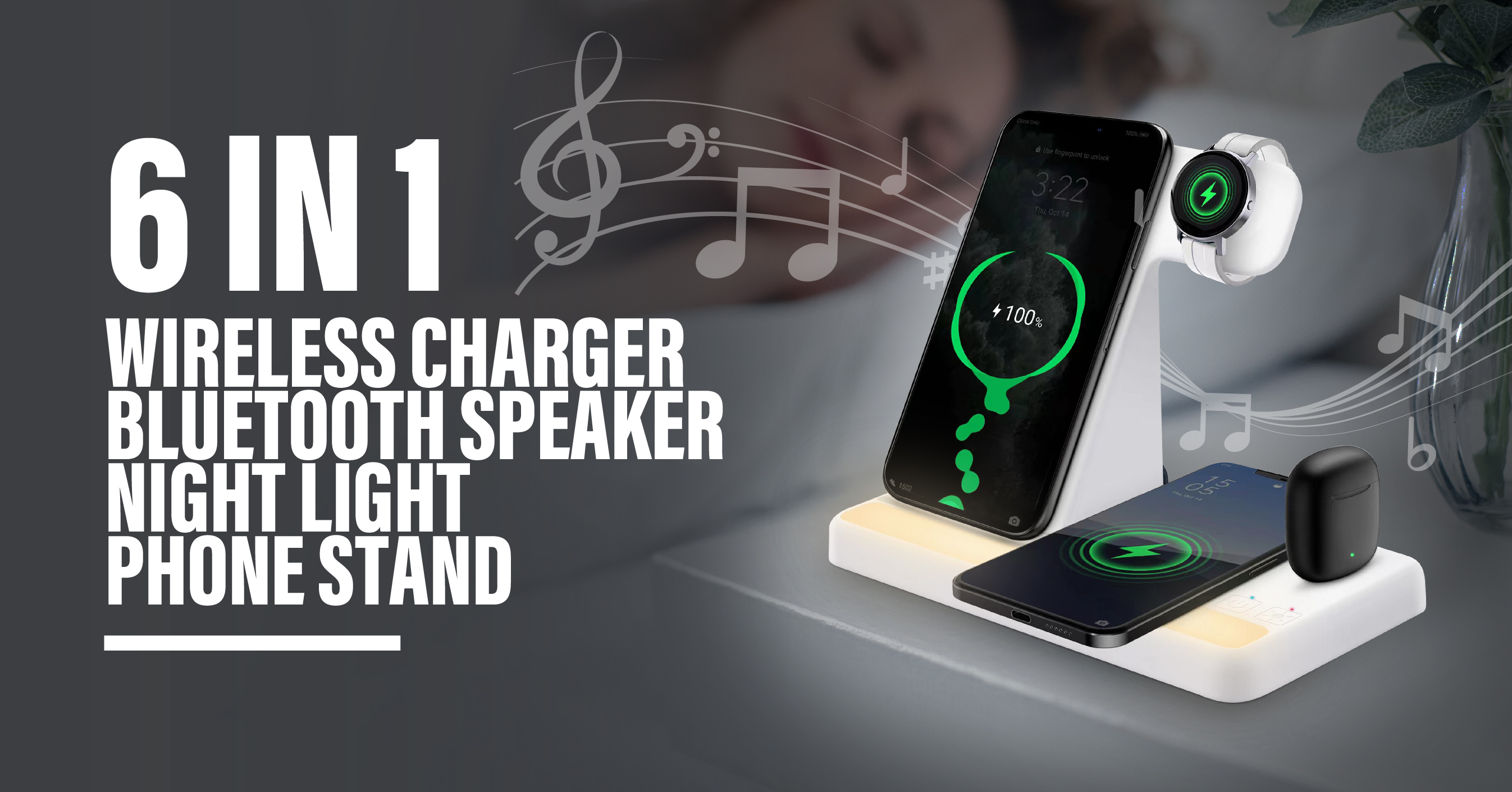 6 In1 Wireless Charger Bluetooth Speaker Phone Stand Night Light