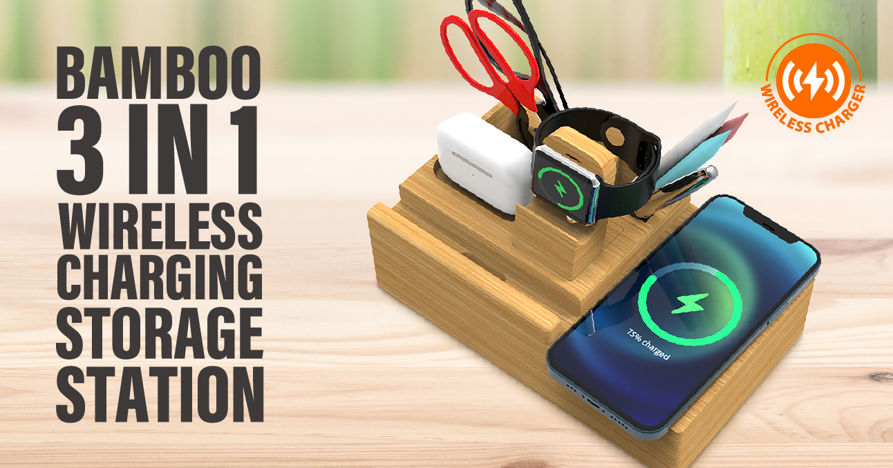 Bamboo 3 in 1 Wireless Charger Storage Station