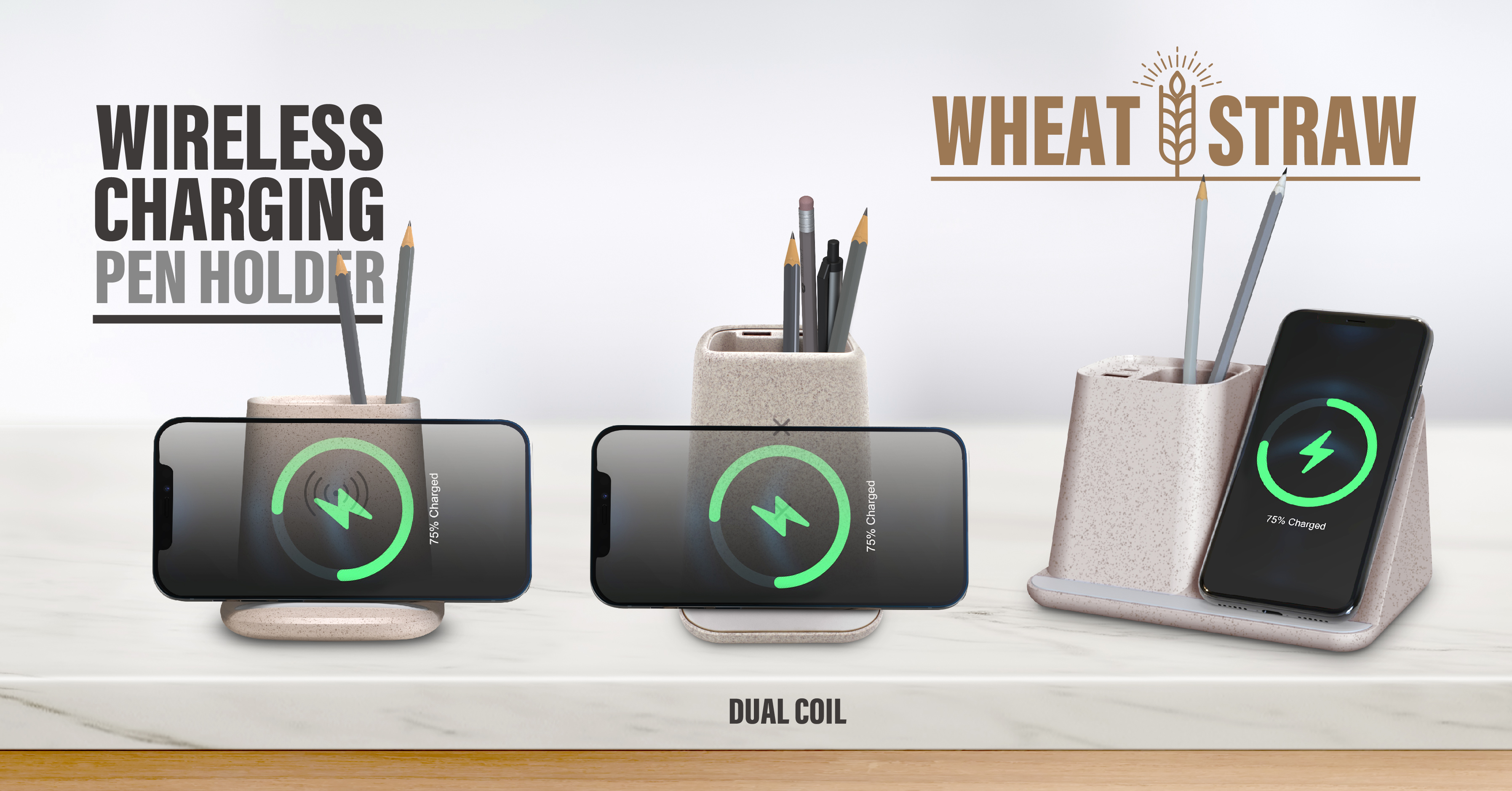 Wheat Straw Wireless Charger Phone Stand Brush Pot 