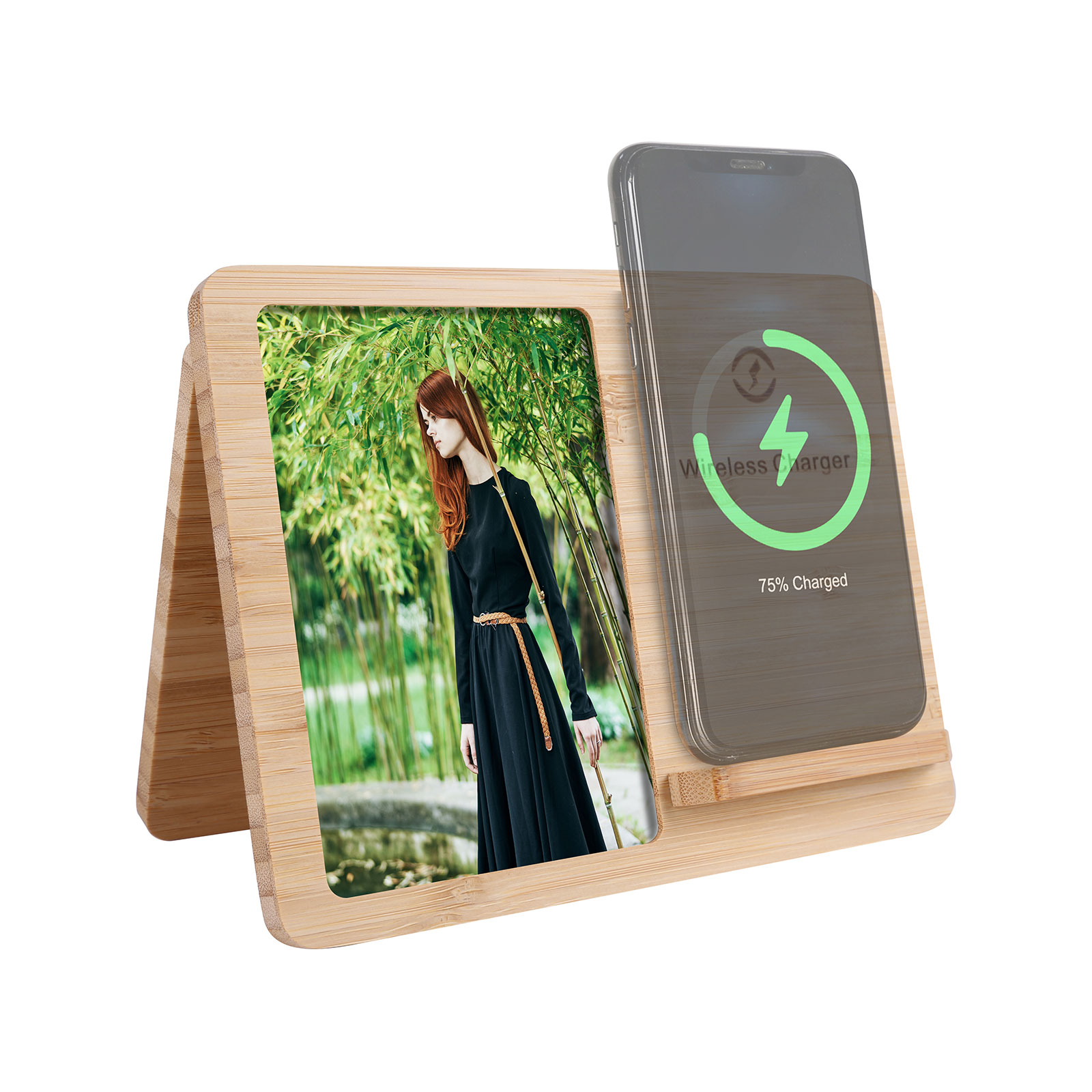 Bamboo 4 In 1 Wireless Charging Phone Stand with Photo Frame & Mirror