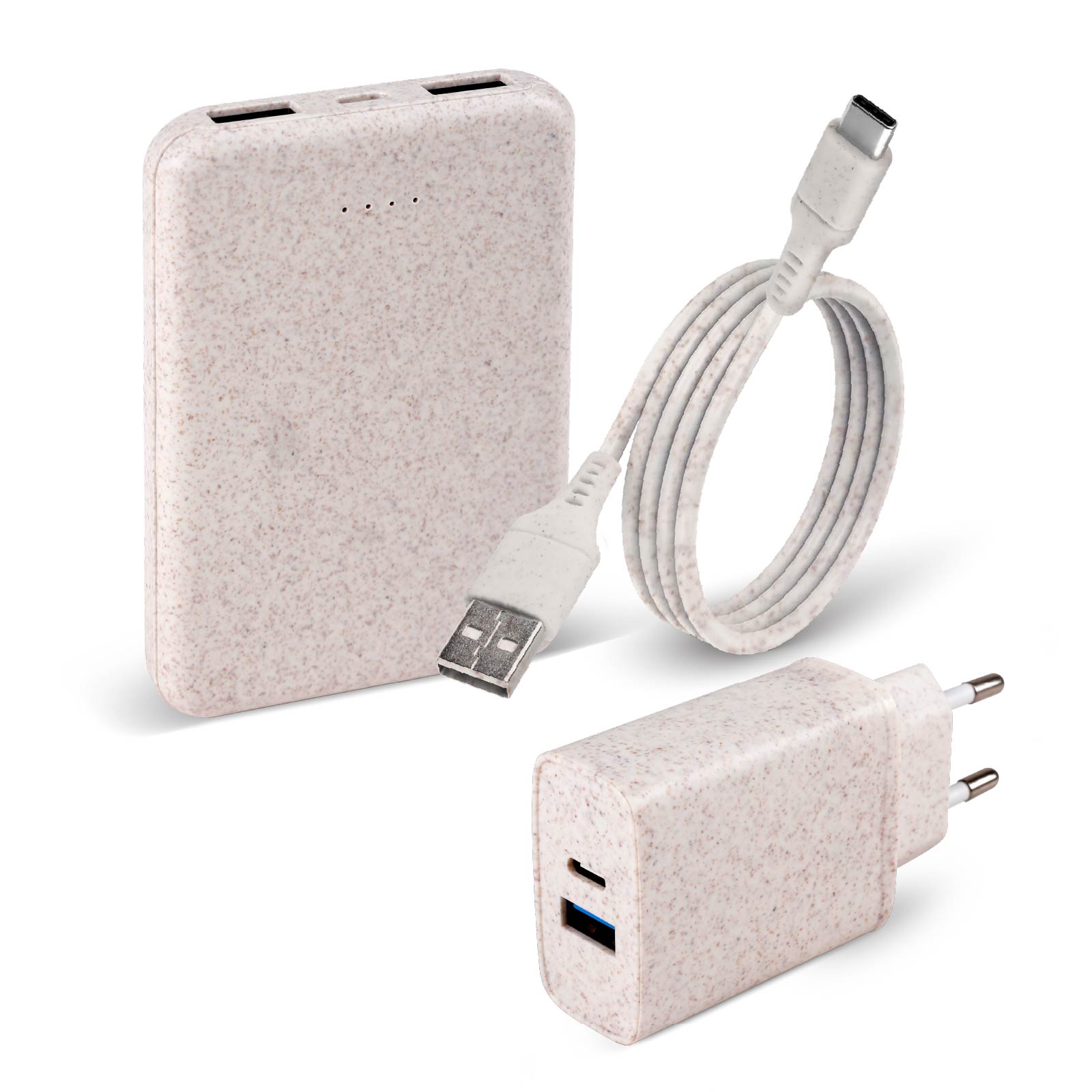 3-in-1 Wheat Straw Charger Set ( Wall Charger + Cable + Powerbank)