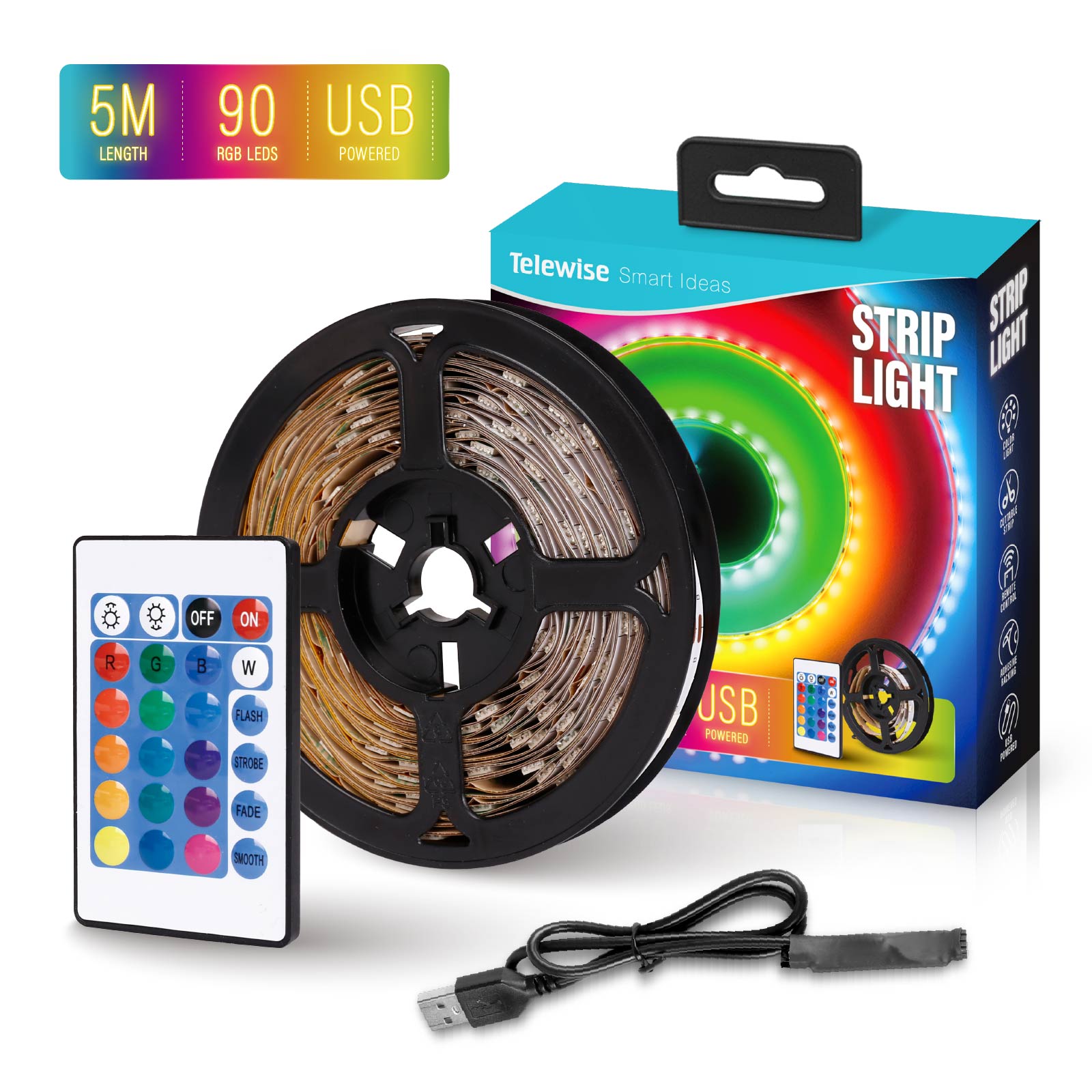 USB Powered RGB LED Strip Lights with Remote Control (5 M) (18 LEDS / M)