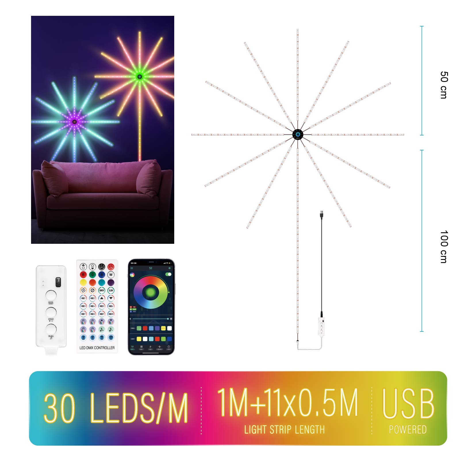 USB Powered LED Firework Strip Lights with Remote Control (30 LEDS / M)