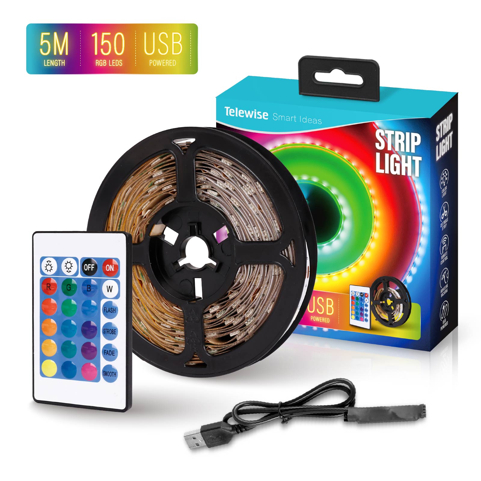 USB Powered RGB LED Strip Lights with Remote Control (5 M) (30 LEDS / M)