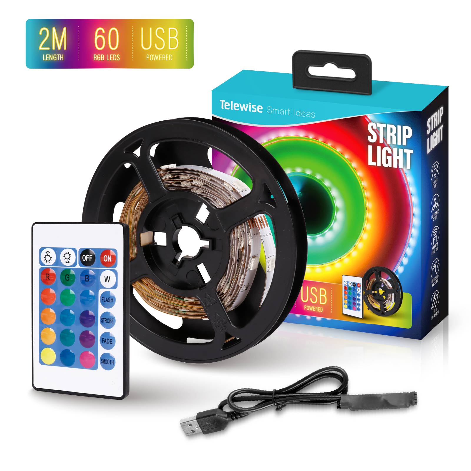 USB Powered RGB LED Strip Lights with Remote Control (2 M) (30 LEDS / M)