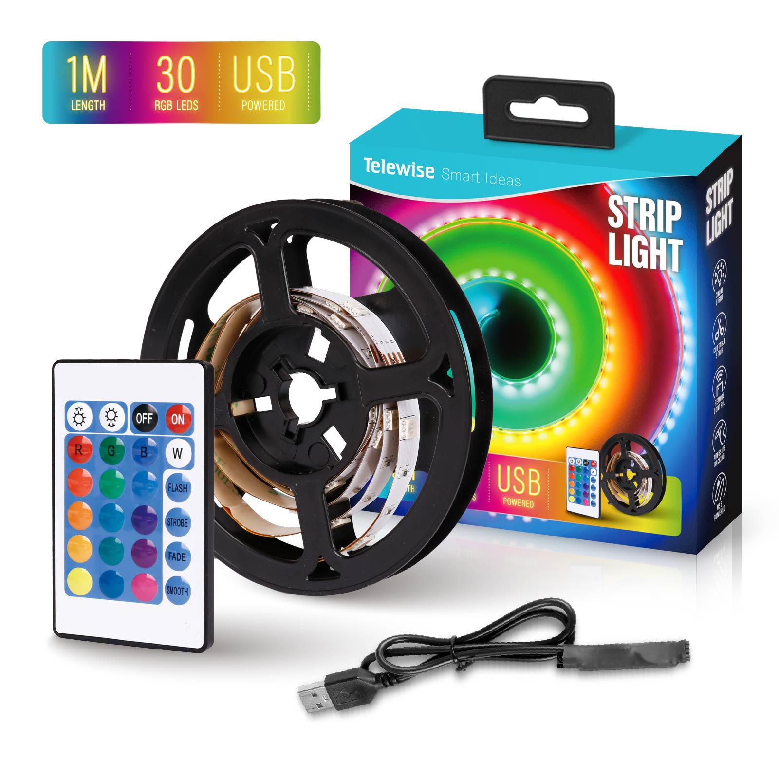 USB Powered RGB LED Strip Lights with Remote Control (1 M) (30 LEDS / M)