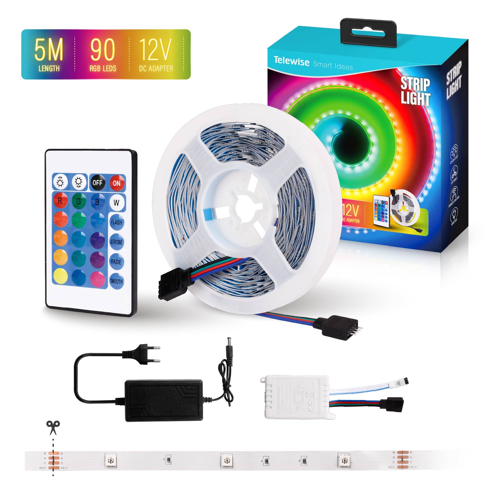 12V RGB LED Strip Lights with Remote Control (5 M) (18 LEDS / M)