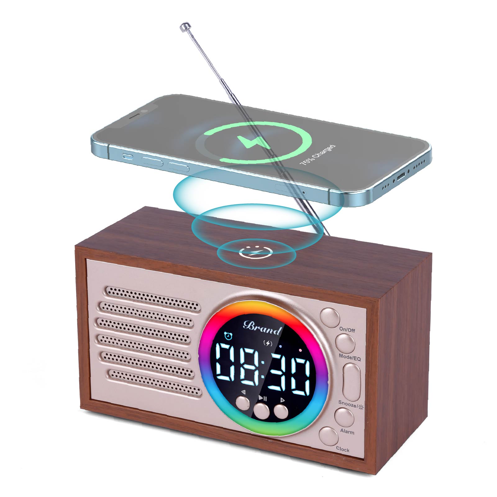 Wooden 15W Wireless Charger & Led Speaker with Alarm Clock