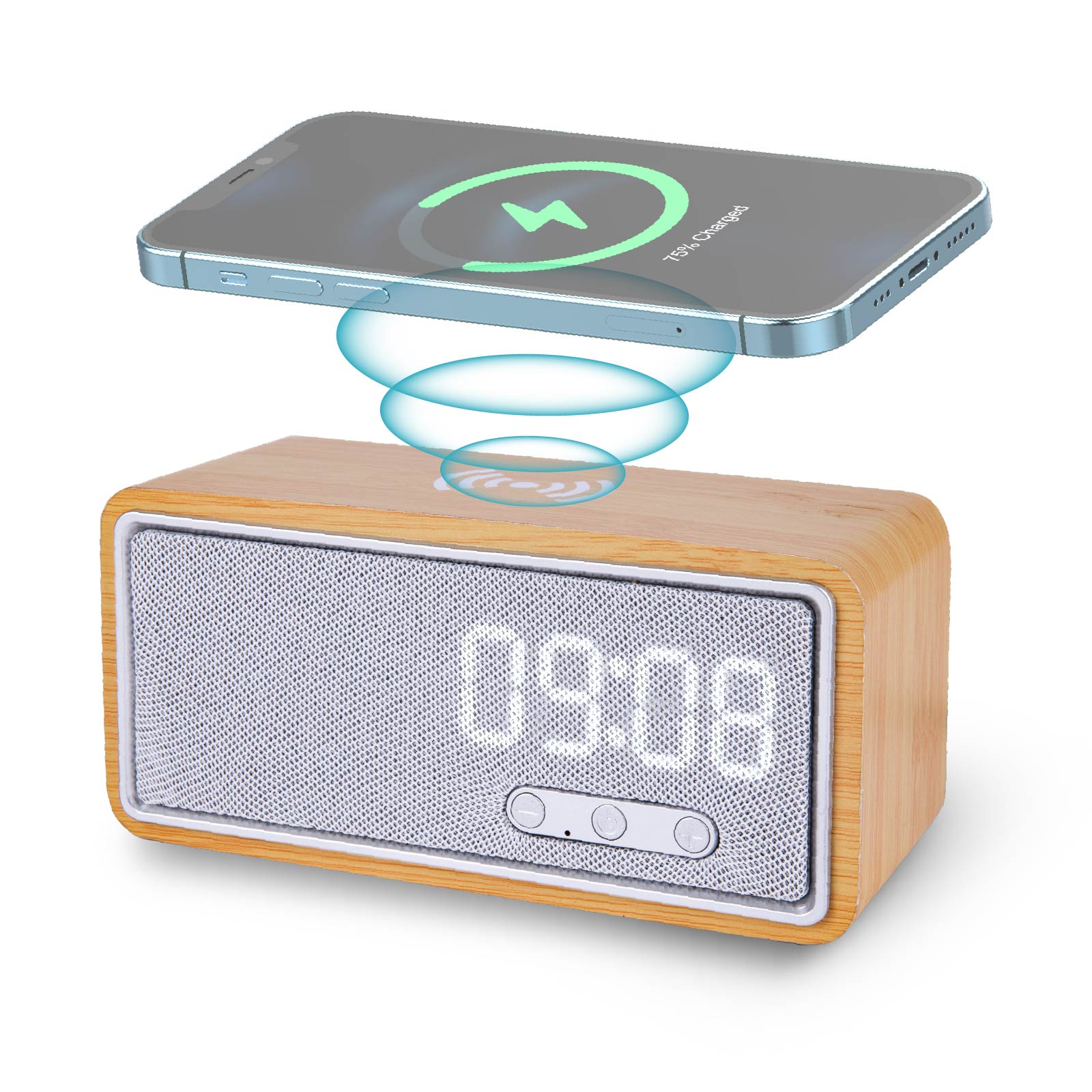 Bamboo 15W Wireless Charger & Speaker with Alarm Clock