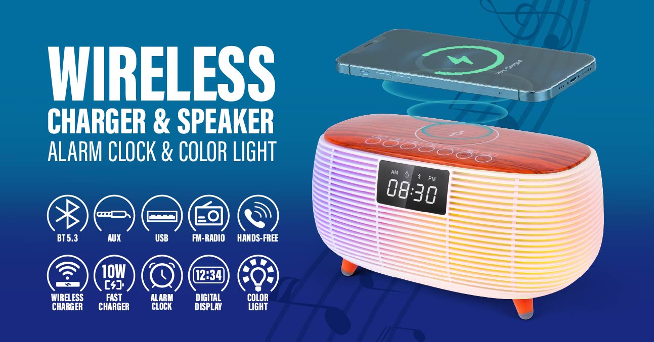 Wireless Charger & Led Speaker with Alarm Clock