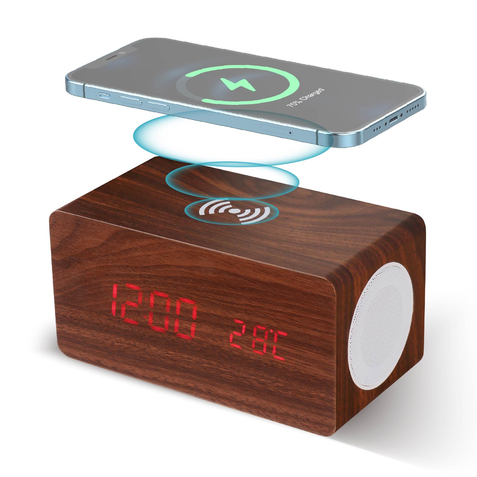 Wooden 10W Wireless Charger & Speaker with Alarm Clock