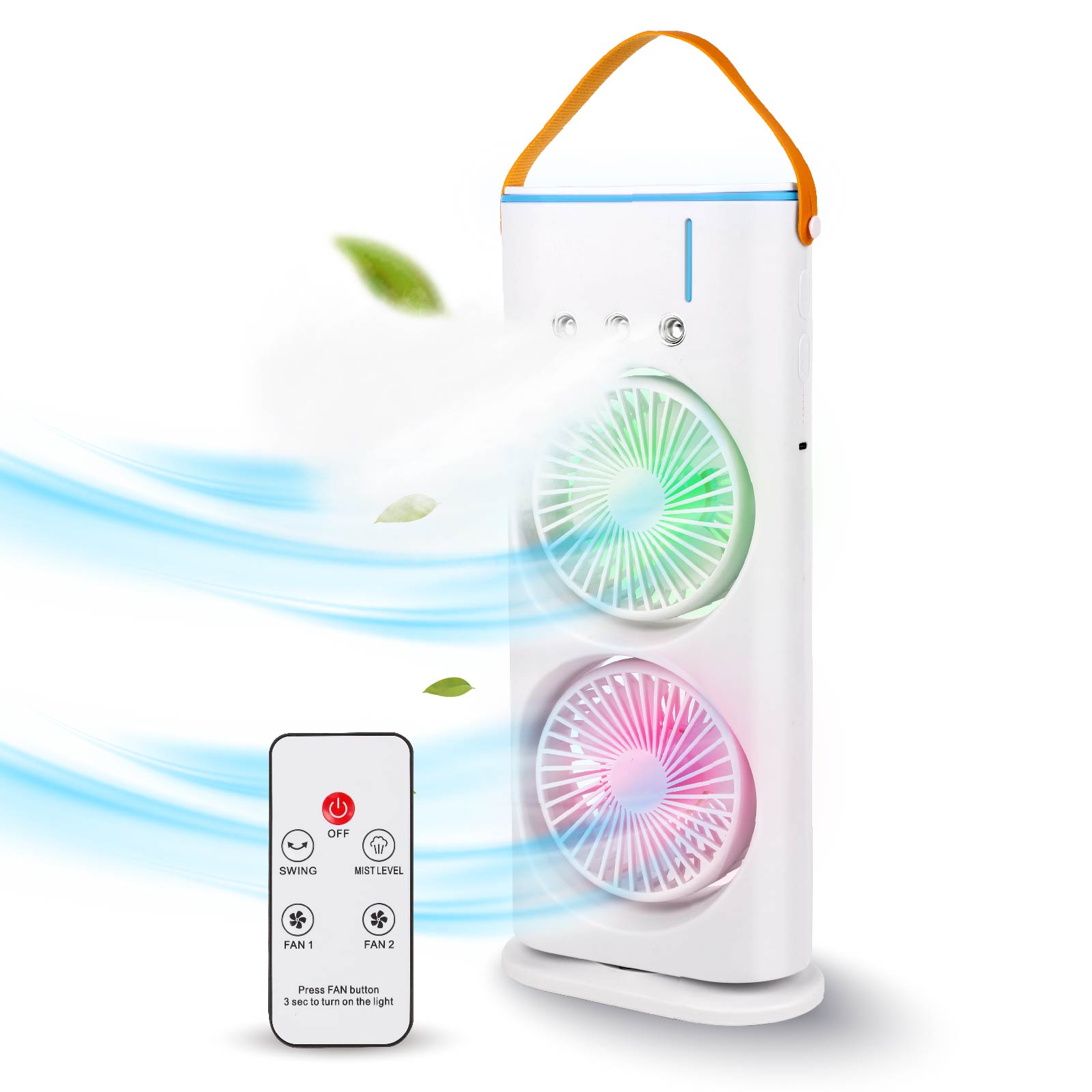 Portable Dual Fans with Spray & Color Light