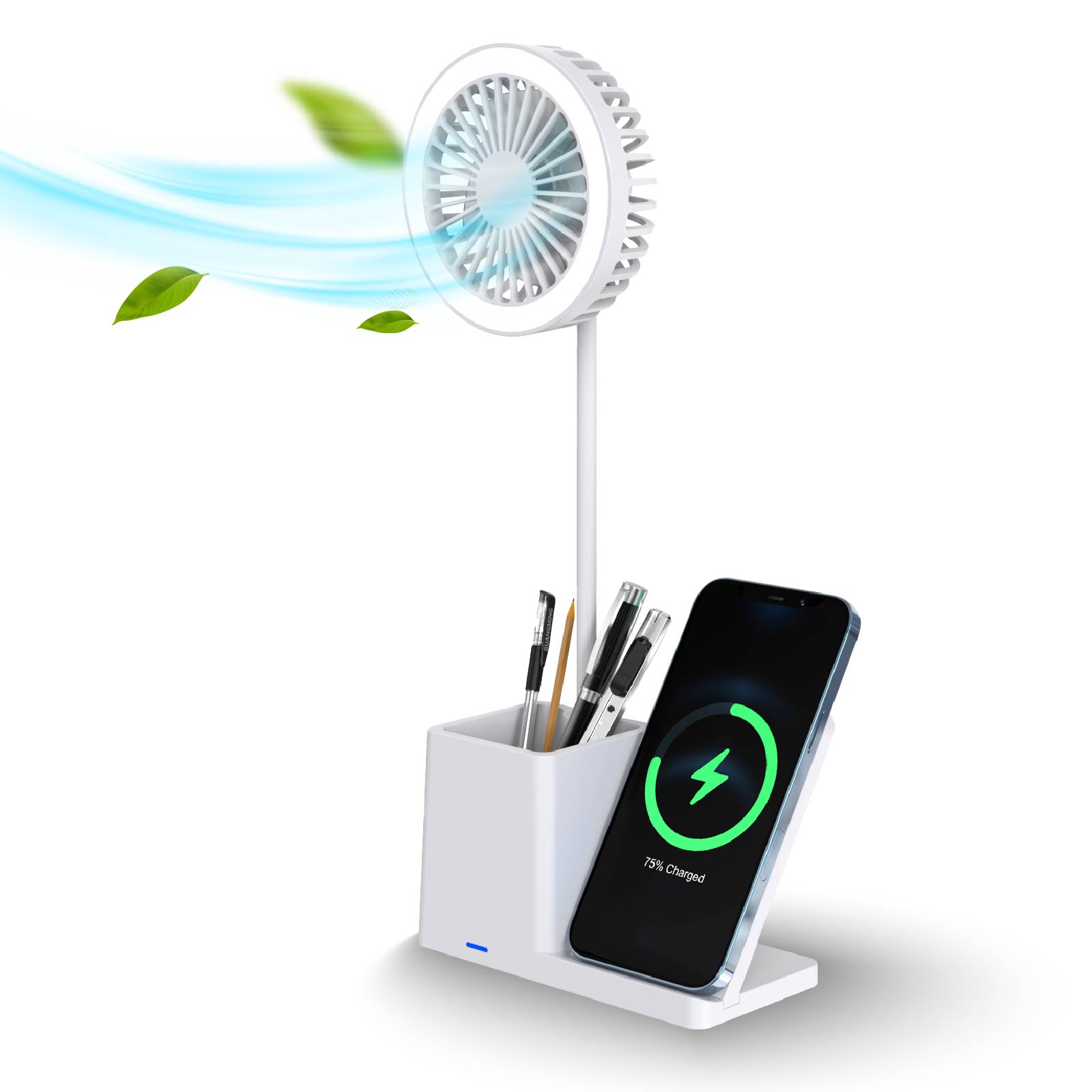 LED Desktop Fan with Wireless Charger Pen Holder