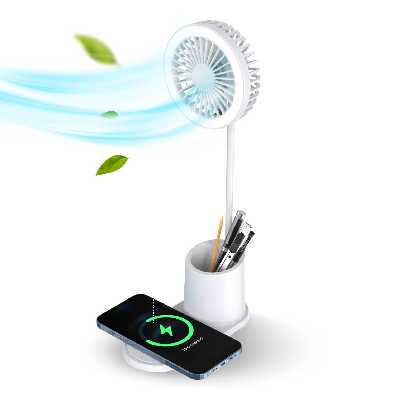 LED Desktop Fan with Wireless Charger Pen Holder