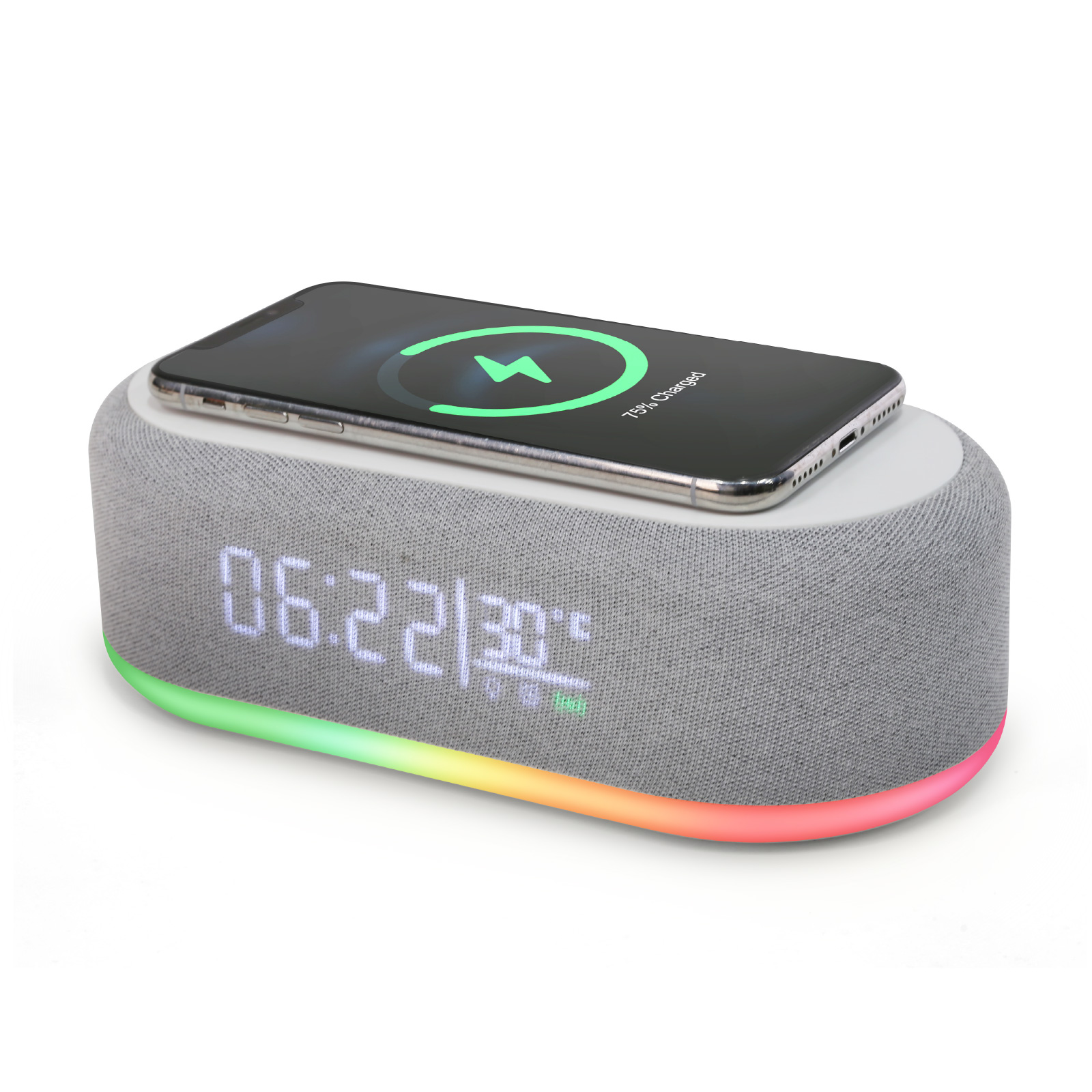 Fabric Bluetooth Speaker Wireless Charging with Alarm Clock 